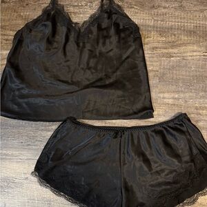 Black Lace Trim Satin Sleepwear Set